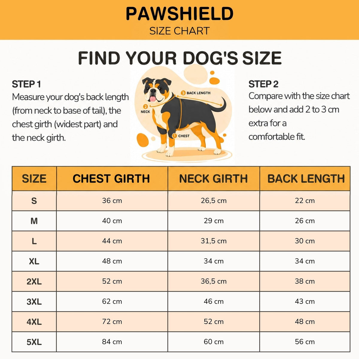 Size chart with a dog illustration showing where to measure chest, neck and back length, and a table of measurements from S to 5XL. 10