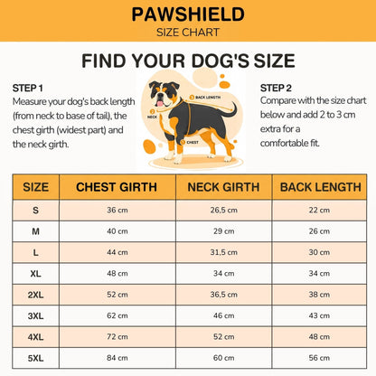 Size chart with a dog illustration showing where to measure chest, neck and back length, and a table of measurements from S to 5XL. 10