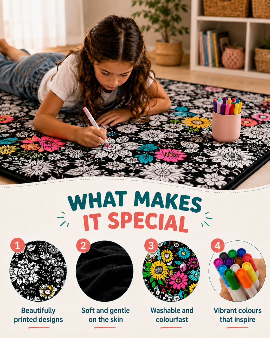 Girl lying on the floral blanket colouring a flower, with close-ups of the print, soft fabric and markers 6