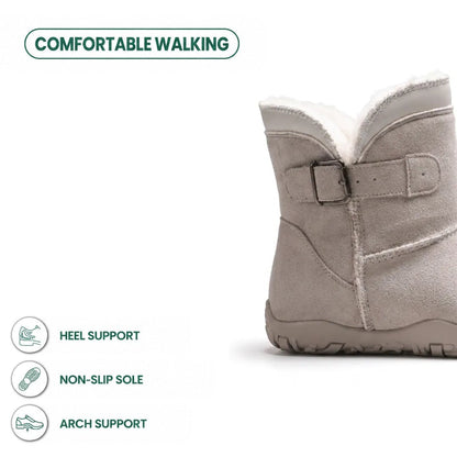 Light grey suede boot cropped at the heel and ankle, showing buckle strap, fleece collar and sole, with feature icons 31
