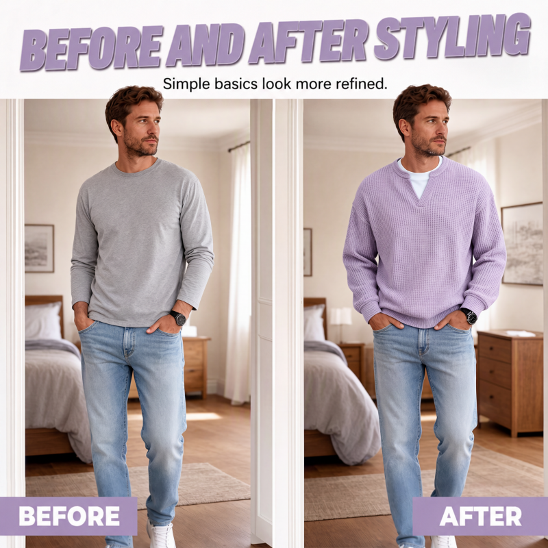 Before-and-after comparison of the same man in a plain grey long sleeve tee and then the lilac waffle knit top. 2