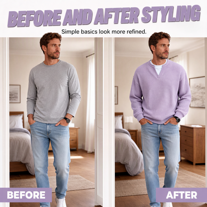 Before-and-after comparison of the same man in a plain grey long sleeve tee and then the lilac waffle knit top. 2