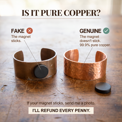 Comparison of a plain dull cuff holding a magnet and a hammered copper cuff without one 4