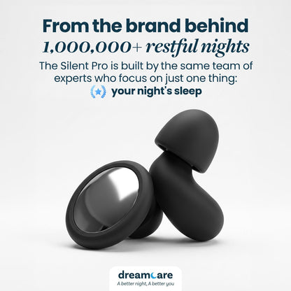 Pair of black earplugs with a mirrored silver face standing on a light grey background, with brand story text above. 8