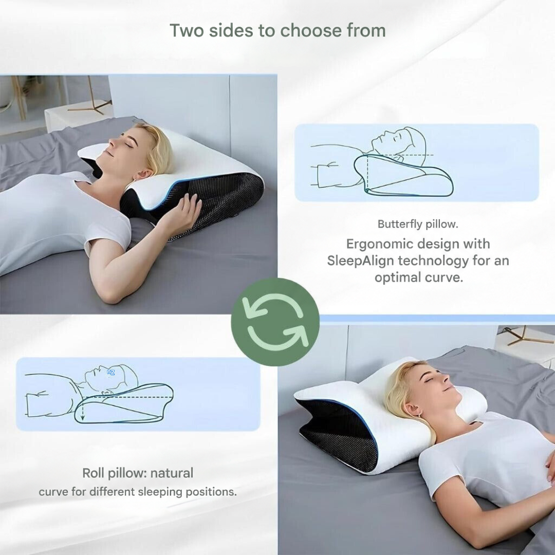 Woman lying on the pillow's two sides, one deeper butterfly curve and one rolled curve, with neck diagrams 9