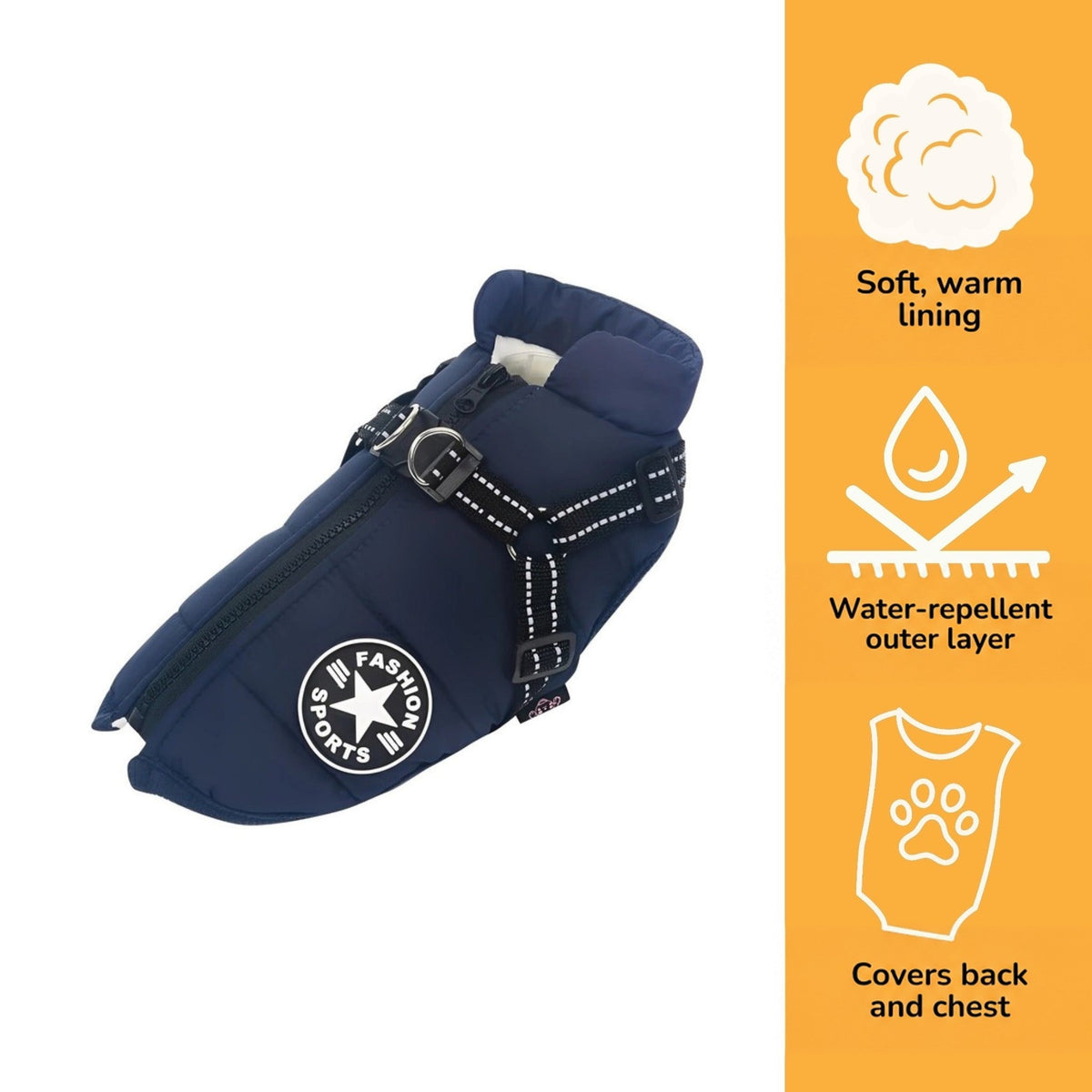 Navy coat on a white background beside orange panel icons about the soft warm lining, water-repellent outer layer and back and chest coverage. 4