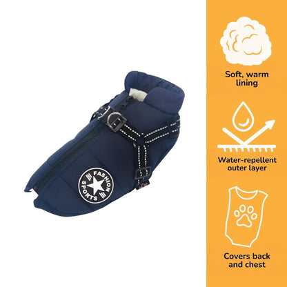 Navy coat on a white background beside orange panel icons about the soft warm lining, water-repellent outer layer and back and chest coverage. 4