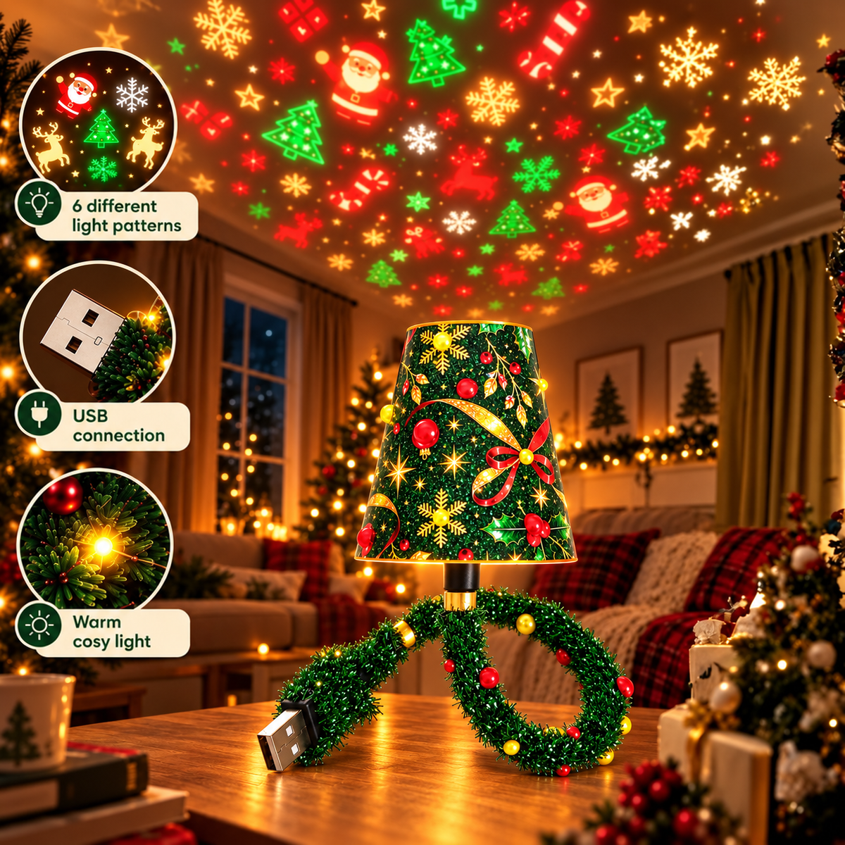 Lamp glowing on a wooden table in a decorated living room, projecting Christmas shapes onto the ceiling, with three close-up detail circles. 2