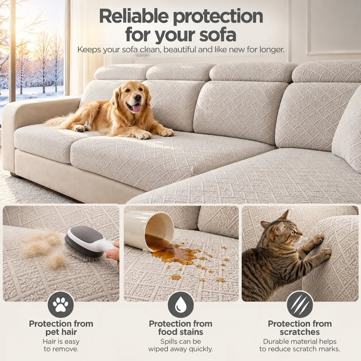 Beige covered sofa with a golden retriever, showing protection against pet hair, spills and cat scratching 5