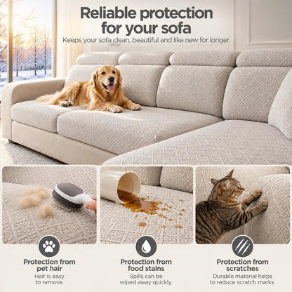 Beige covered sofa with a golden retriever, showing protection against pet hair, spills and cat scratching 5