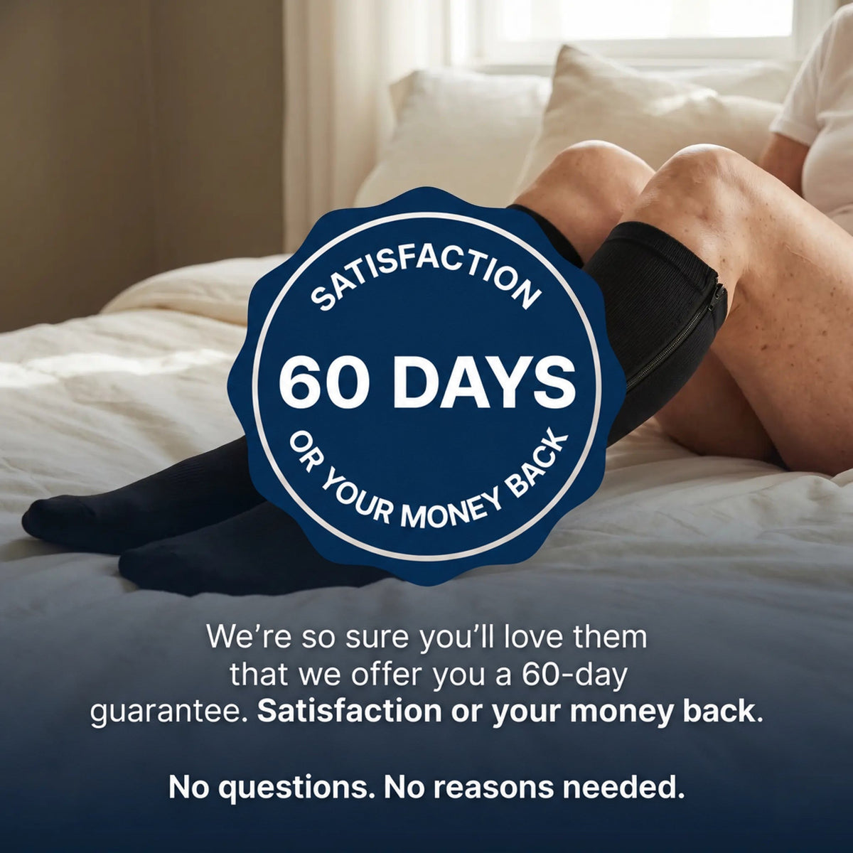 Person lying on a bed in black zip stockings with a money-back guarantee badge on top 10