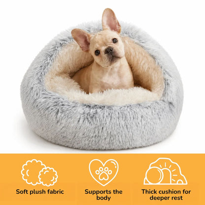 Fawn French bulldog puppy sitting in the grey bed on a white background, with a graphic listing three features in Dutch. 4