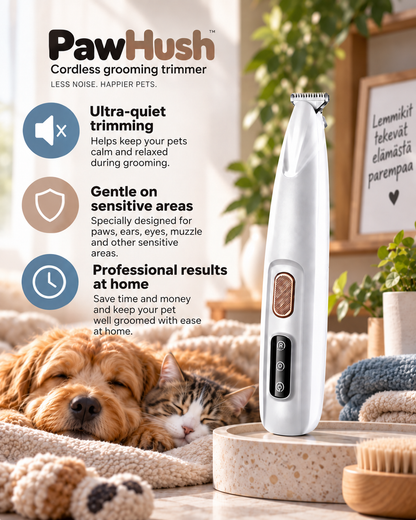 Trimmer on a stone stand beside a sleeping dog and cat, with feature icons and text 2