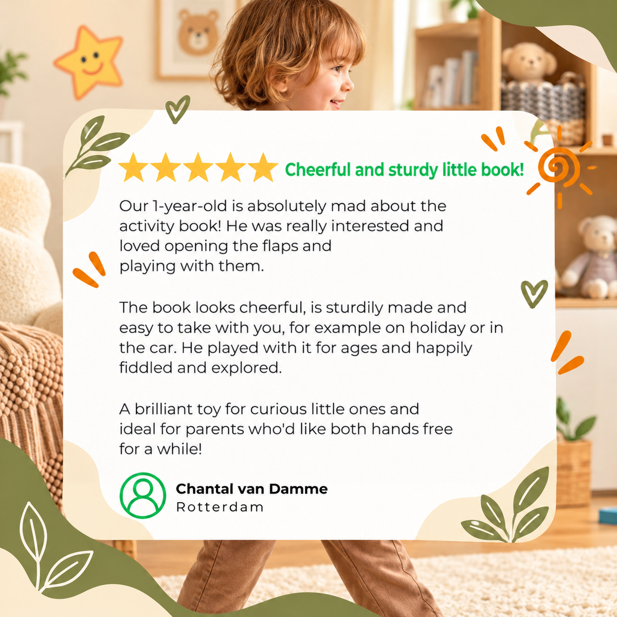 Toddler walking in a playroom behind a text panel with a five-star customer review 10
