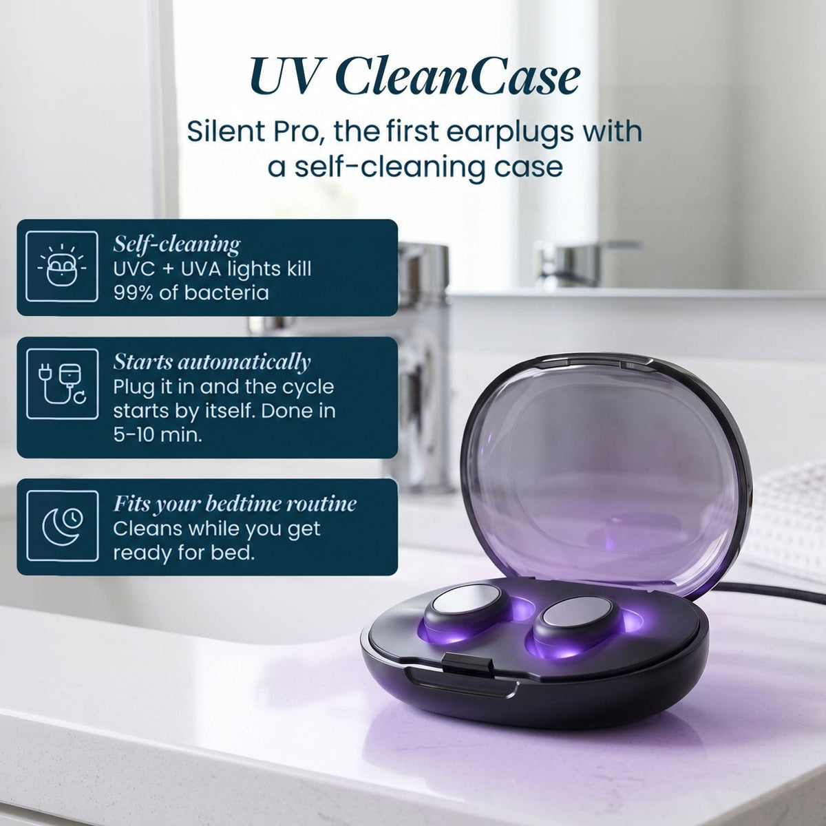 Black earplug case glowing purple with UV light, both earplugs inside, on a bathroom counter, with German feature panels. 12