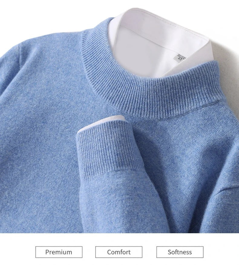 Close-up of the light blue ribbed mock neck collar and cuff with a white shirt underneath 5
