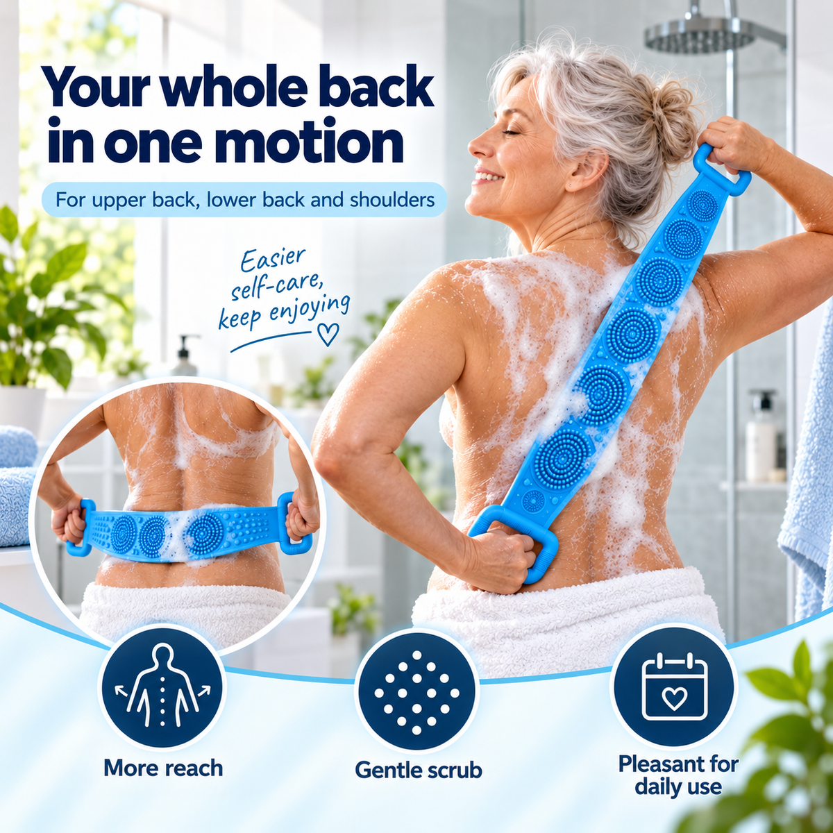 Smiling woman scrubbing her soapy back with the blue strap, with a close-up of the lower back 1