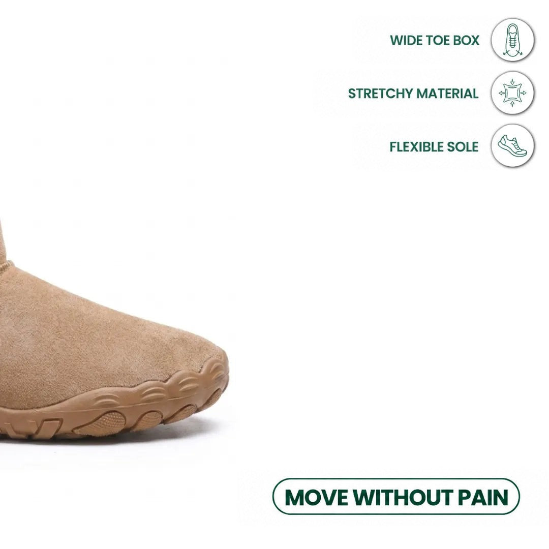 Close-up of the wide rounded toe and flexible tan sole, with icons listing comfort features 23
