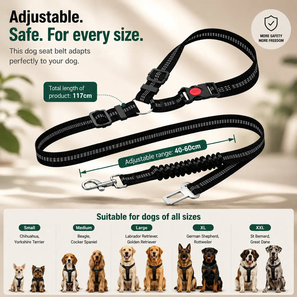 Full black strap laid out with length and adjustable range labels above a row of dog breeds from small to extra large 9