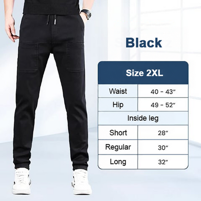 Model in black trousers with a size 2XL chart showing waist, hip and inside leg in inches 8