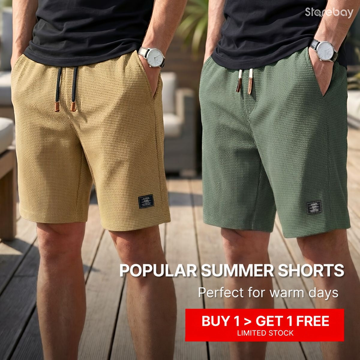 Two models side by side on a wooden deck wearing waffle-textured drawstring shorts, one in sand and one in green, with a promotional banner. 1