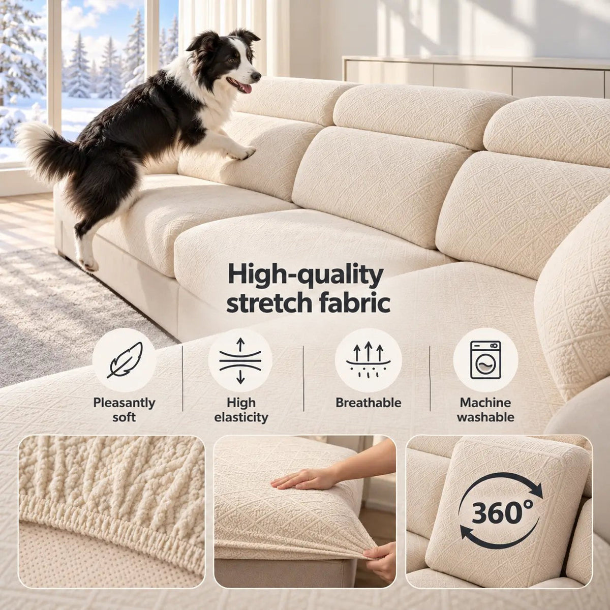 Cream covered sofa with a border collie climbing on, showing fabric features and close-up details 4