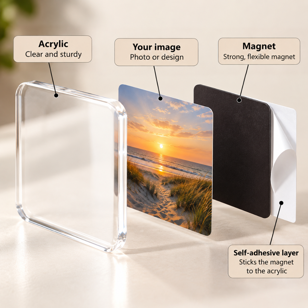 Exploded view of a magnet's layers: clear acrylic, a beach sunset picture, a black magnetic sheet and adhesive backing 3