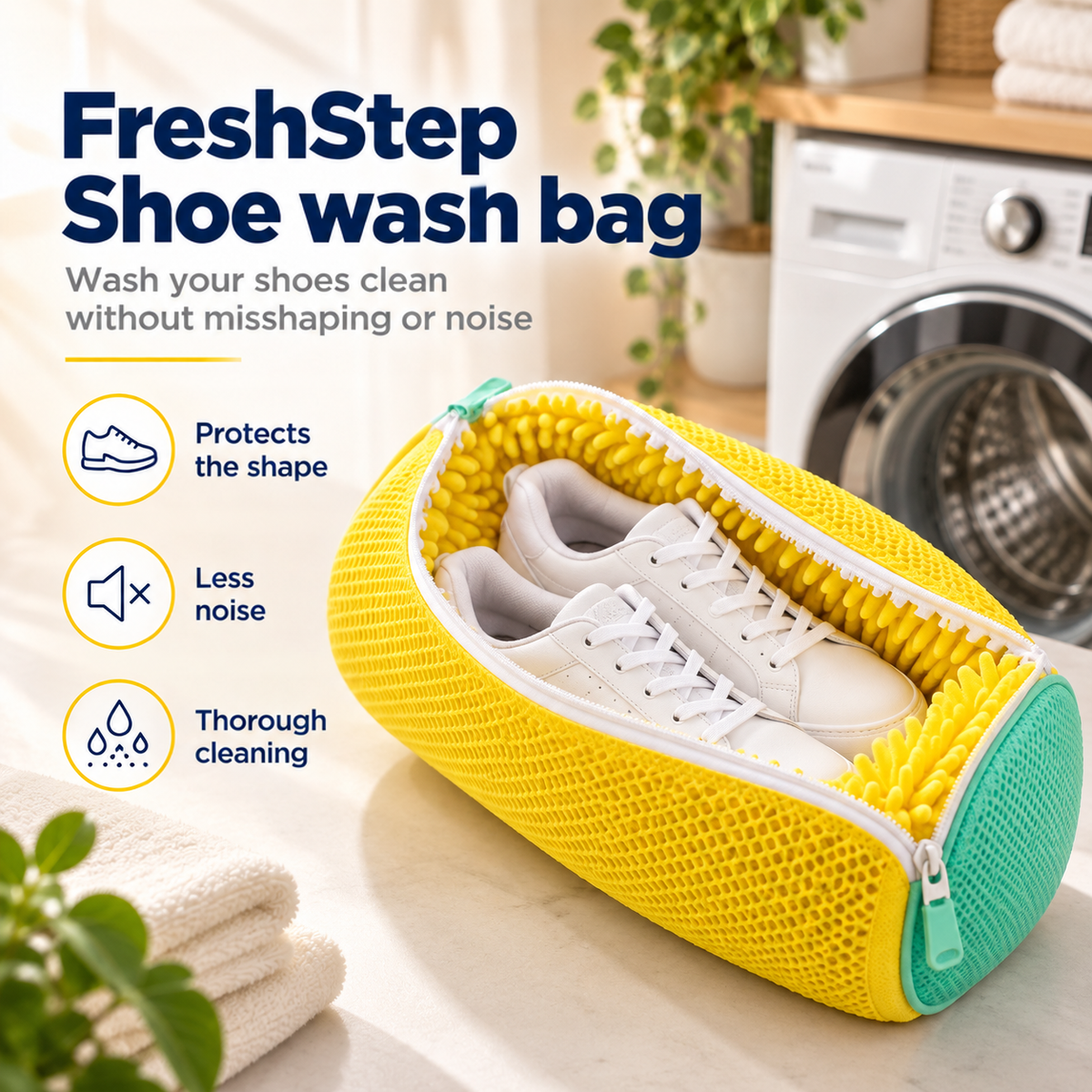 Yellow mesh shoe washing bag with teal end, unzipped to show white trainers beside a washing machine 1
