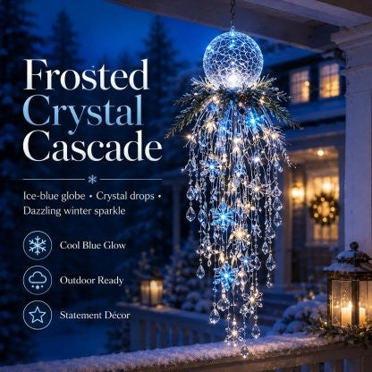 Blue-glowing hanging light with frosted globe and crystal drops on a snowy porch, with feature icons 21