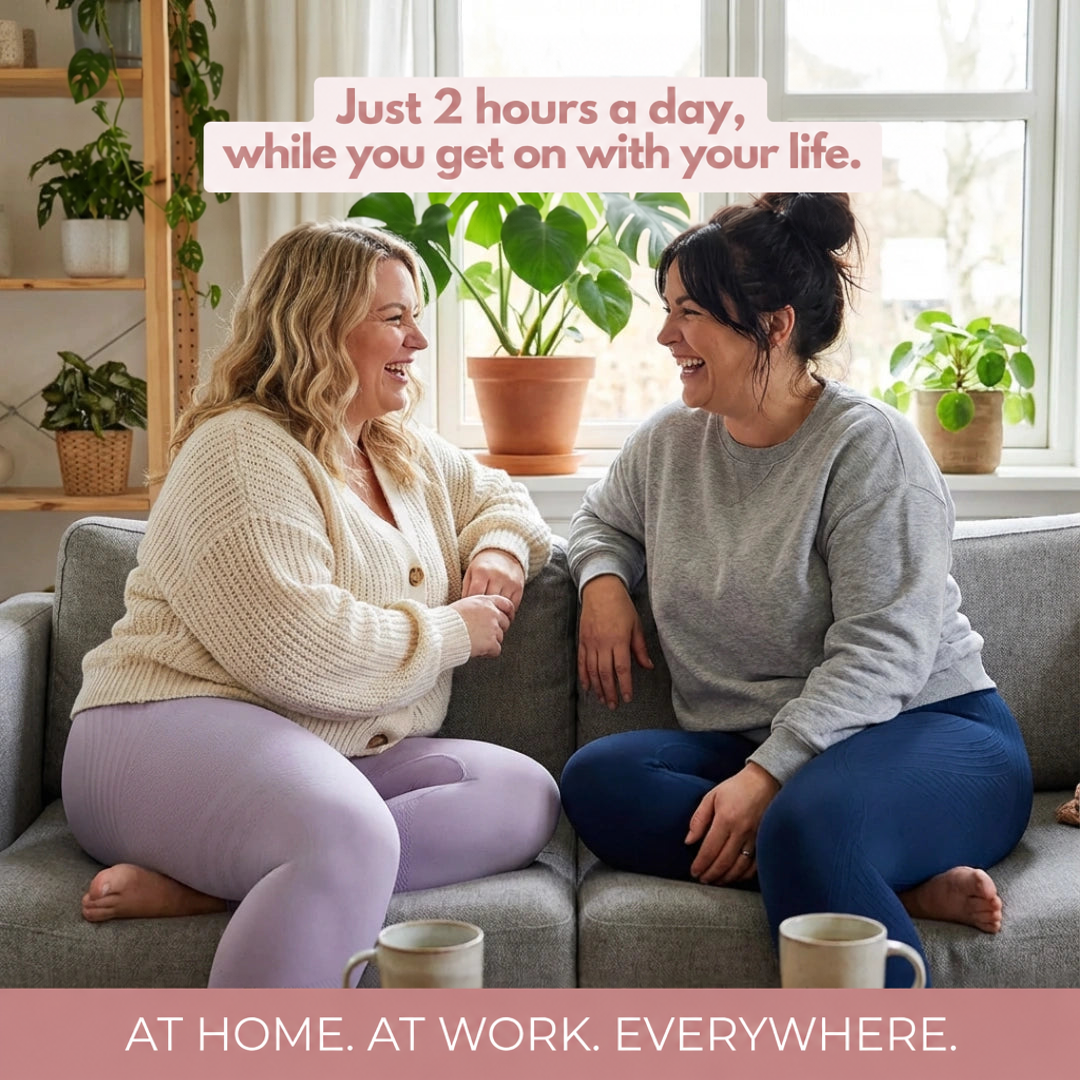 Two women laughing on a sofa at home, one in lilac leggings and one in navy leggings, with mugs in front. 16
