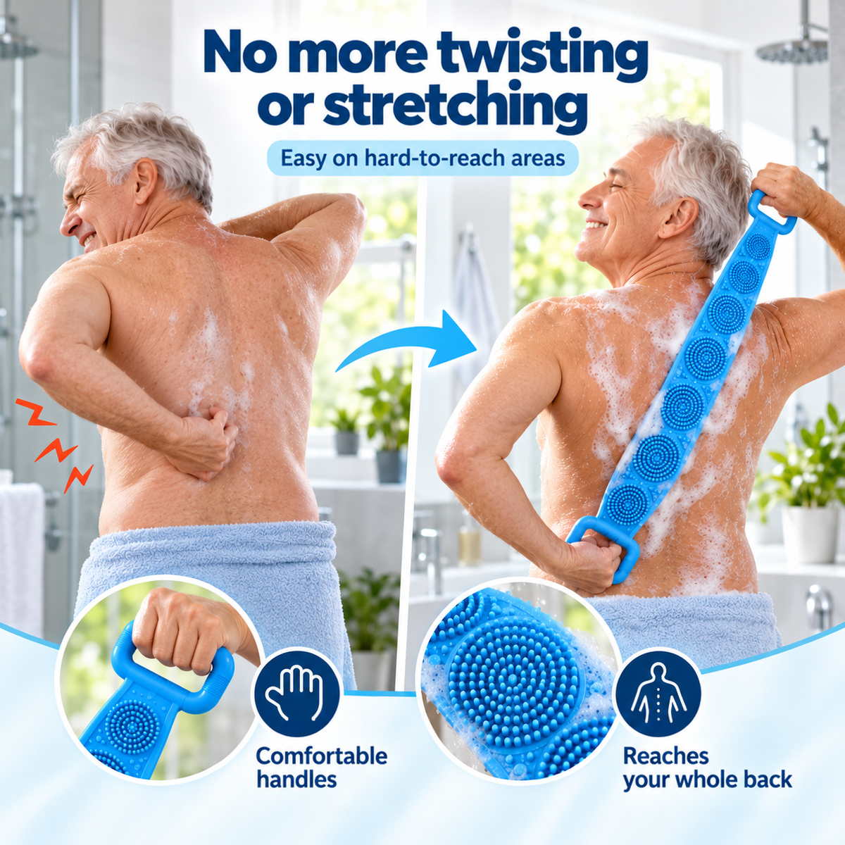 Before and after: man struggling to reach his back, then using the blue strap comfortably 2