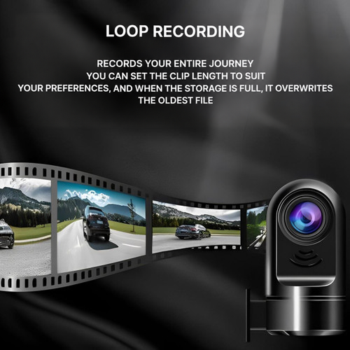 Dash cam beside a film strip of road journey clips, illustrating continuous loop recording 8