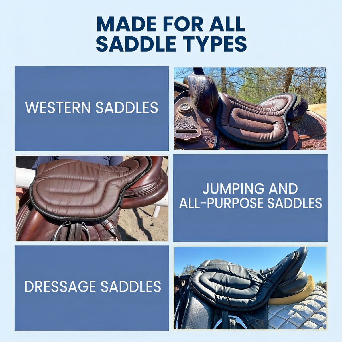 Collage of the cushion on a western saddle, a jumping saddle and a black dressage saddle 6