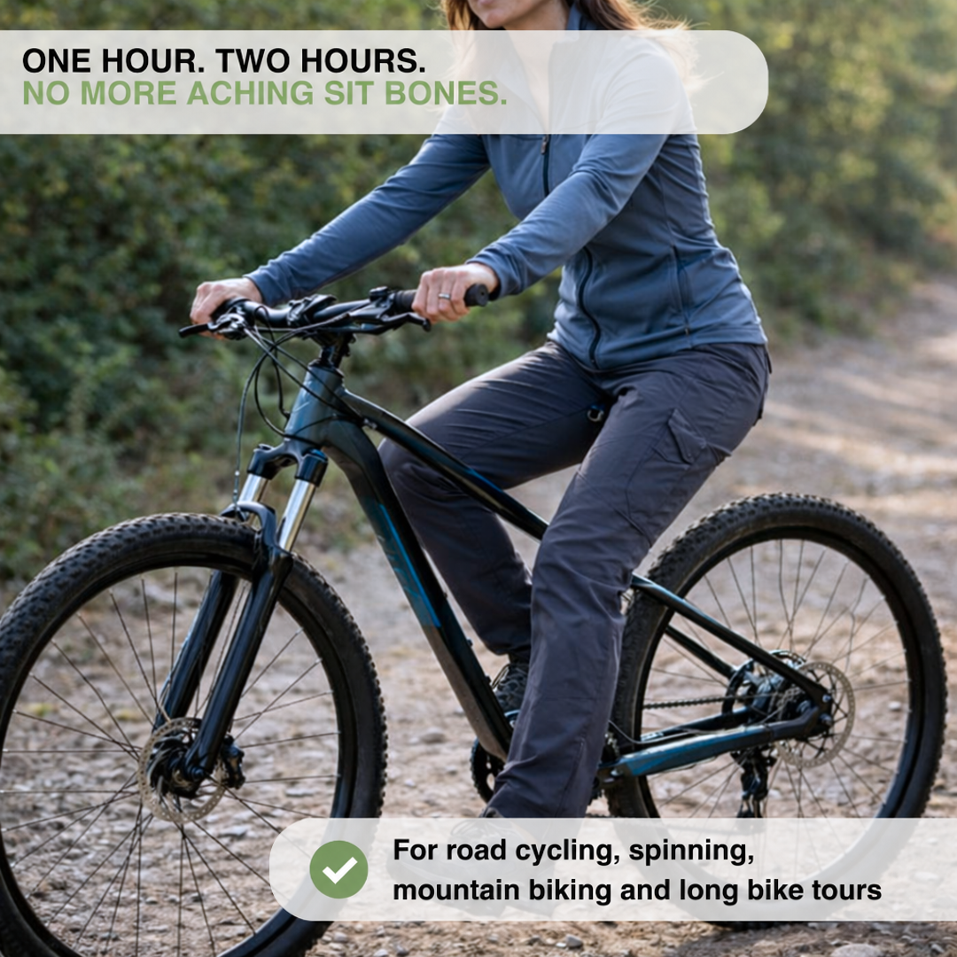 Woman in grey trousers and blue jacket riding a mountain bike along a dirt trail 4