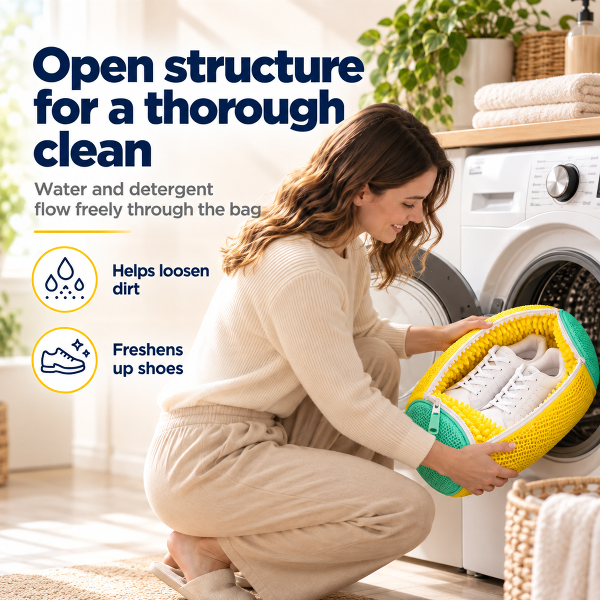Woman crouching to load the shoe bag with white trainers into a washing machine 4