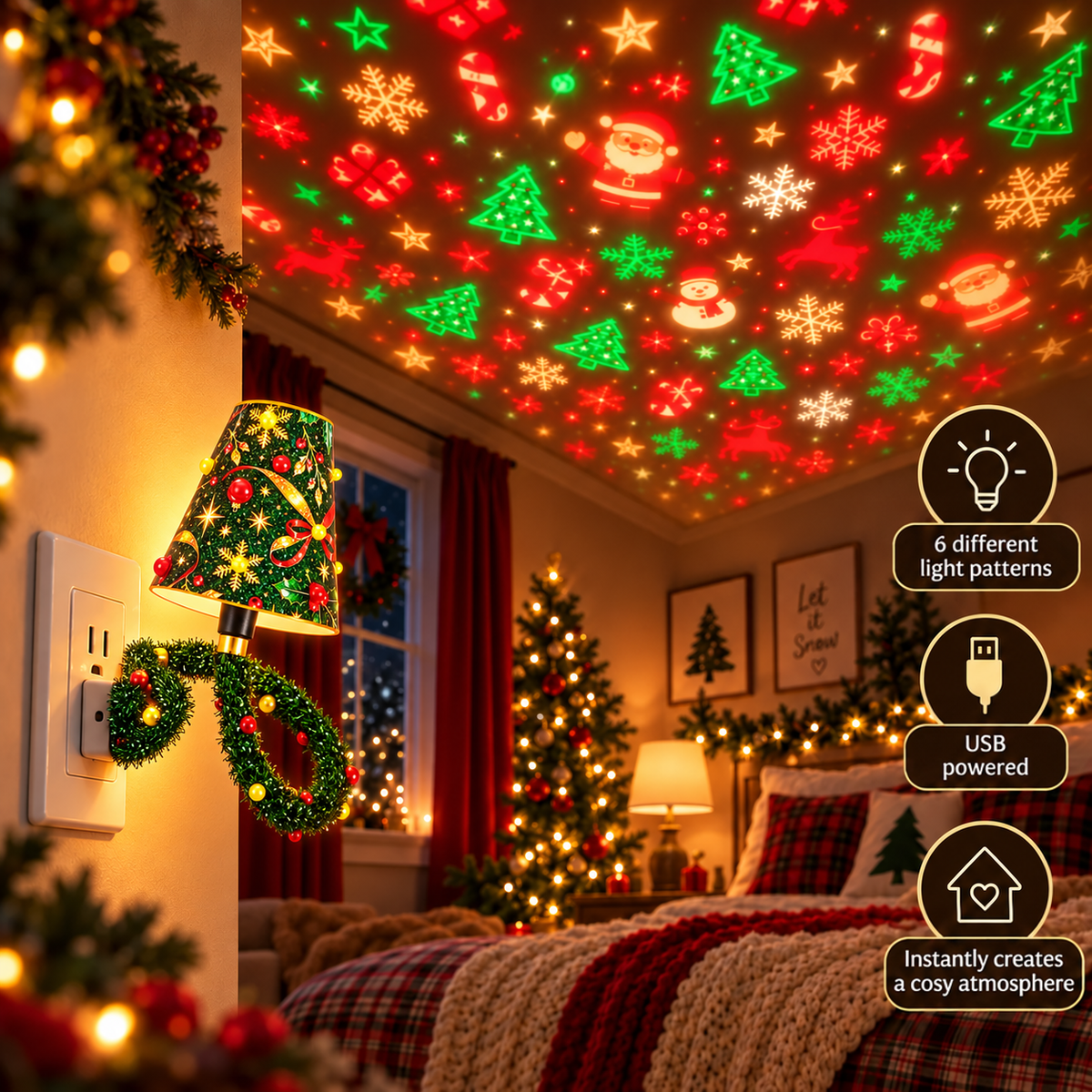 Lamp plugged into a bedroom wall socket, casting colourful Santa, tree and snowflake shapes across the ceiling above a bed. 6