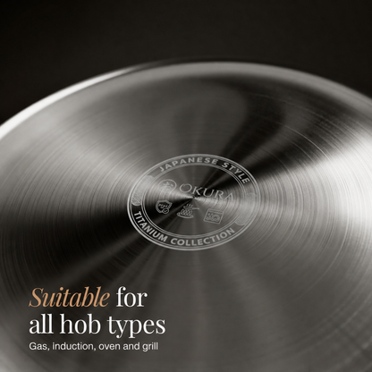Underside of a pan with a brushed metal finish and an engraved emblem, captioned as suitable for all hobs 6