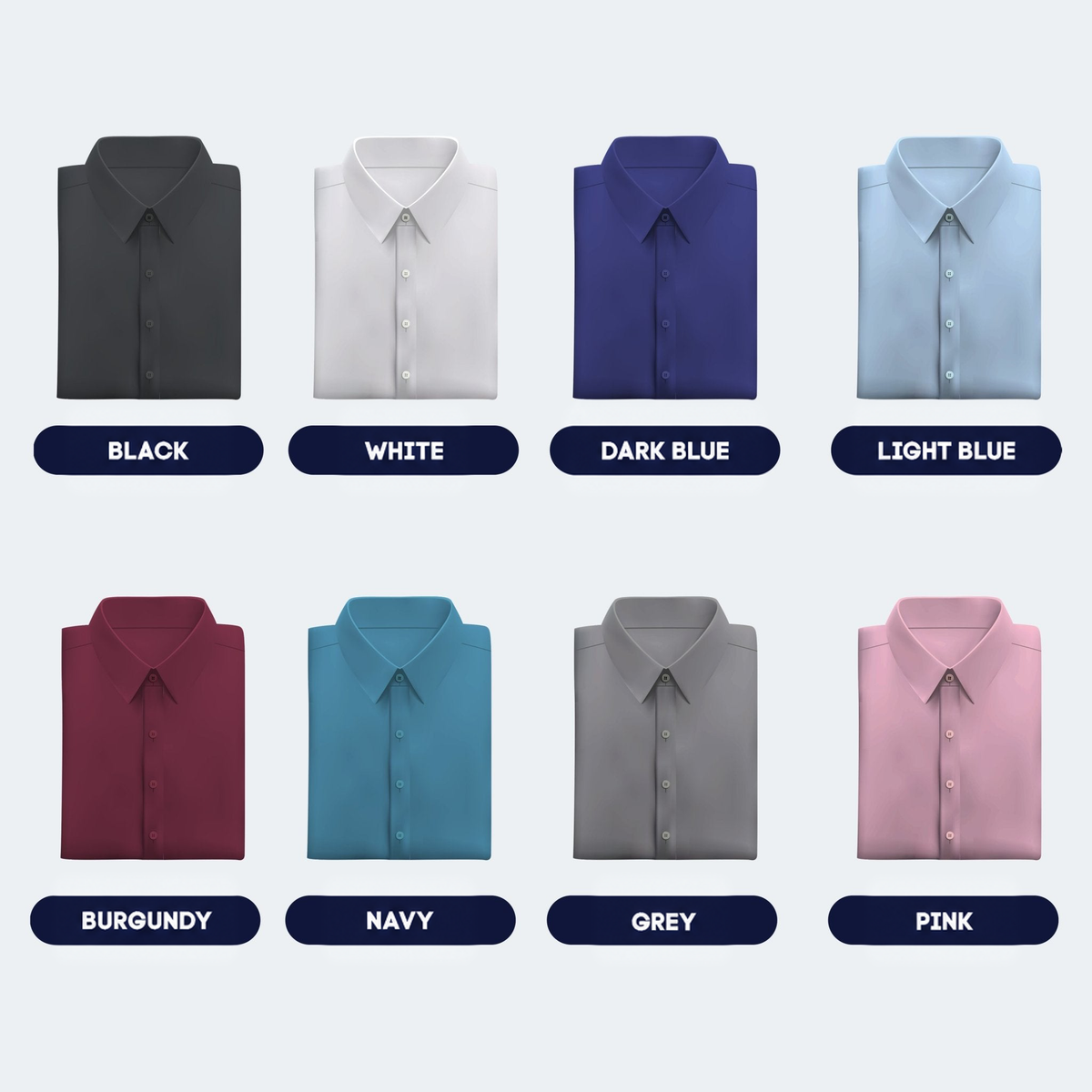 Eight folded shirts in a grid, showing the range of available colours, each with a label 13