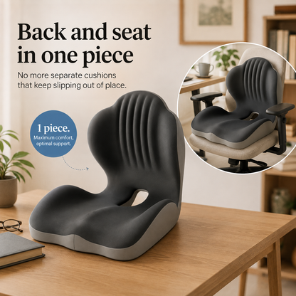 One-piece back and seat cushion on a desk, with a circular inset showing it on an office chair 9