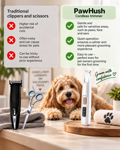 Comparison graphic of a black clipper and scissors beside the slim white trimmer, with a dog behind 4