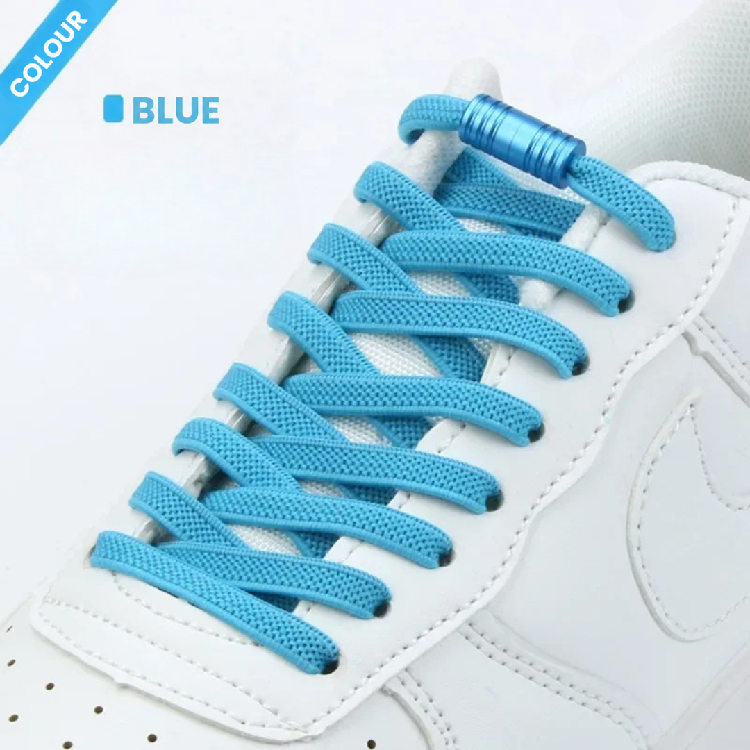 Blue flat elastic laces on a white trainer, fastened with a blue metal capsule lock 3
