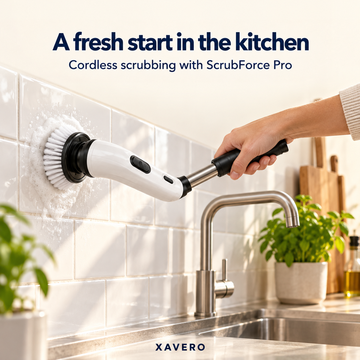 Hand holding the scrubber without the pole to clean foamy white kitchen wall tiles near the tap 7