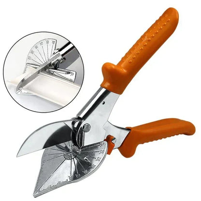 Angle-cutting shears with orange handles and a protractor guide, with an inset showing a cut along white trim 7