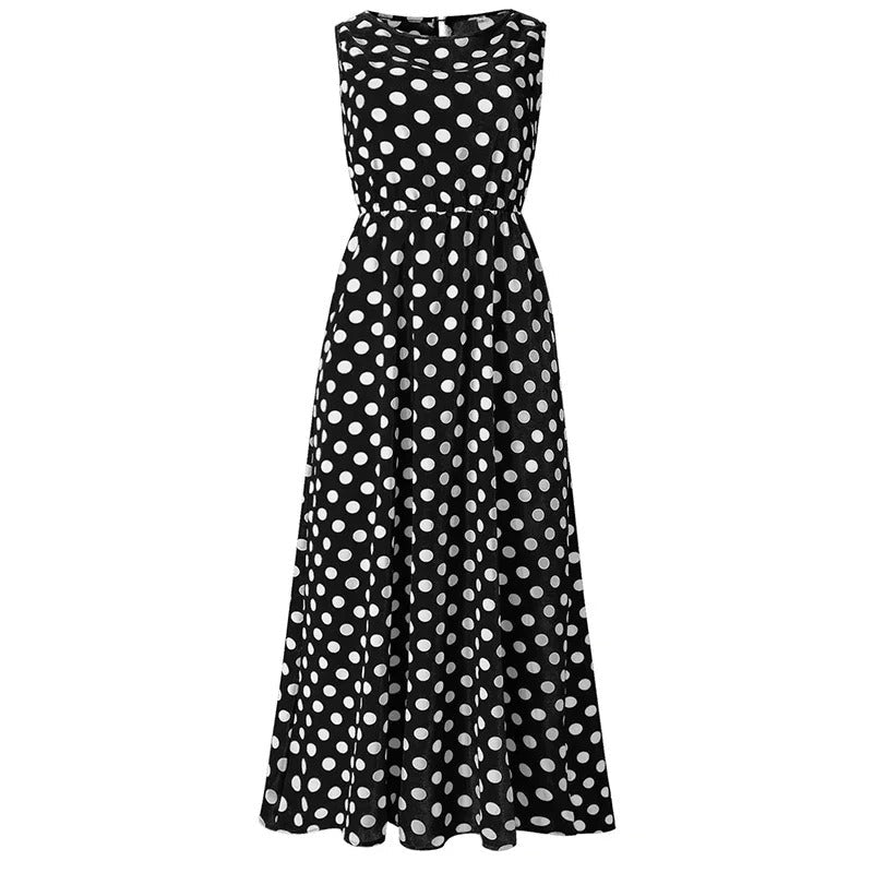 Black sleeveless midi dress with white polka dots, shown flat from the front with a gathered waist and flared skirt. 7