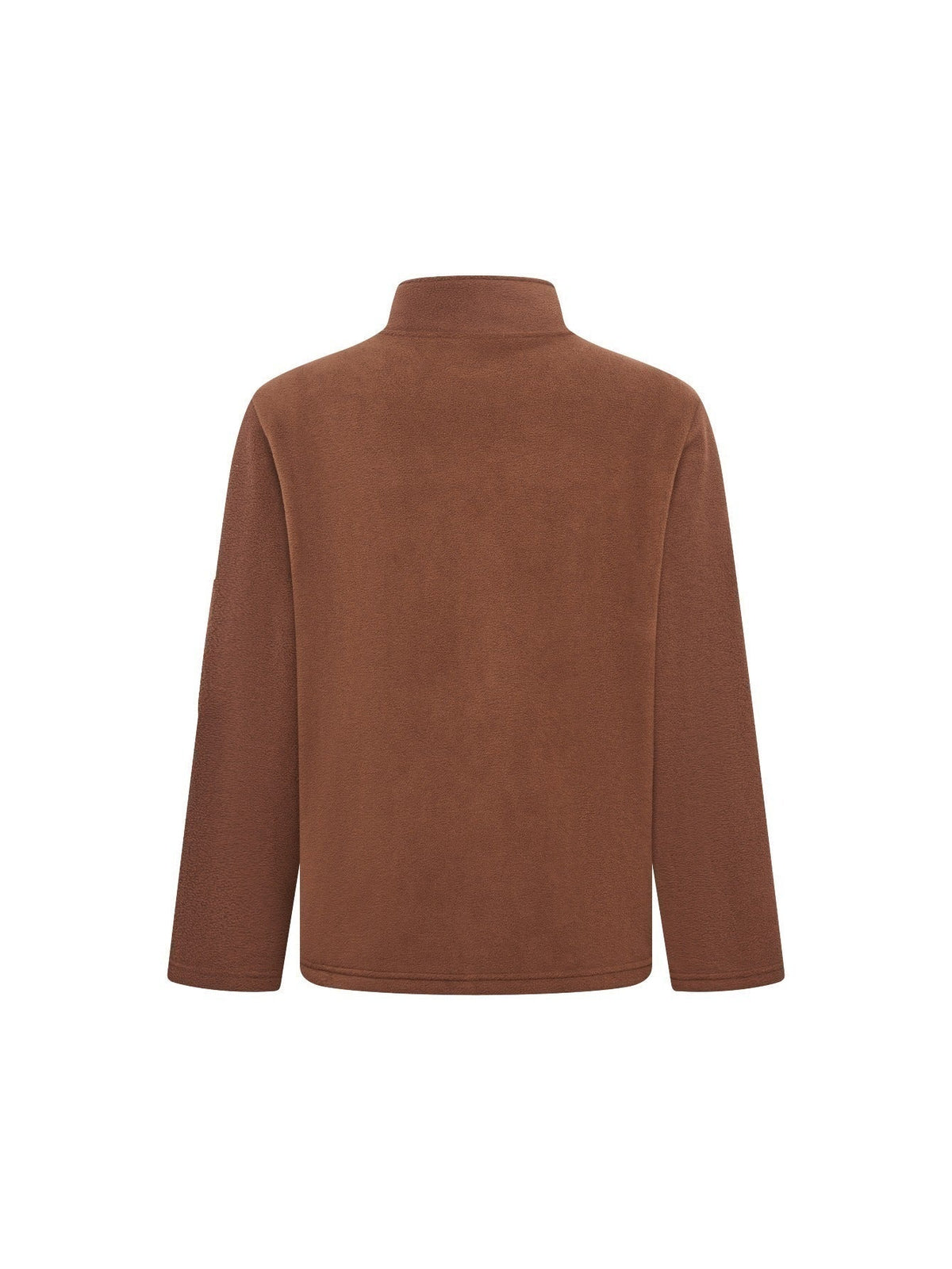 Back view of the brown fleece jacket, a plain smooth back with stand collar and long sleeves. 7