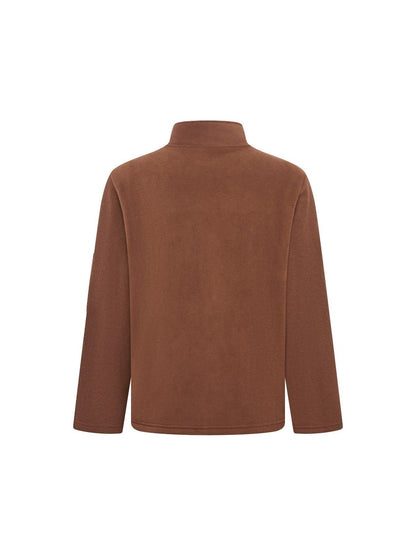 Back view of the brown fleece jacket, a plain smooth back with stand collar and long sleeves. 7