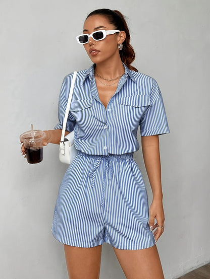 Trendy women's jumpsuit with short sleeves for summer - StripeFresh