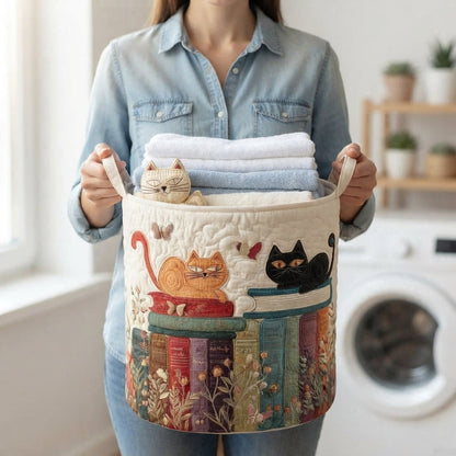 Woman in a denim shirt holding the basket by its two fabric handles, filled with folded towels, in a laundry room. 4