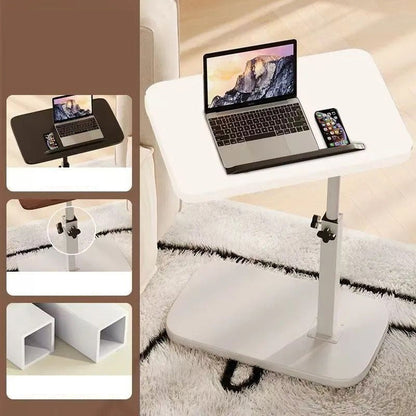 All-white version of the desk on a shaggy rug, with insets showing the height knob and white square tubing. 6
