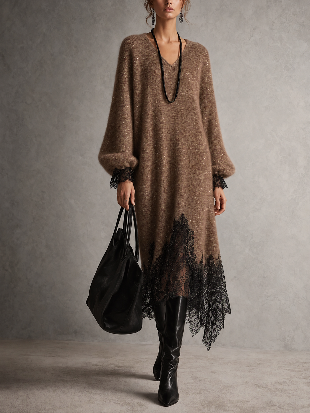 Same dress in a brown colourway, worn with black boots and a black tote 8